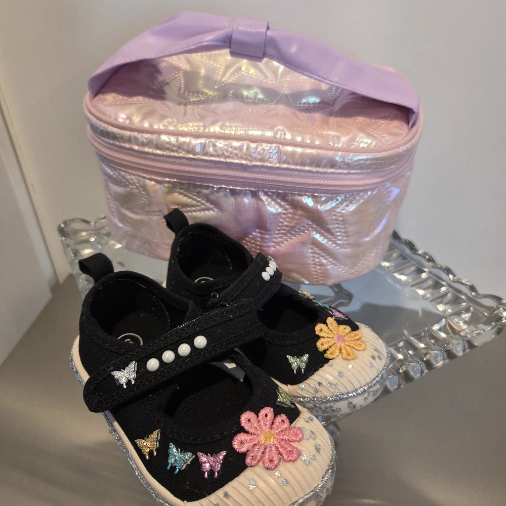 Black and Cream Kids Shoes with Floral Design